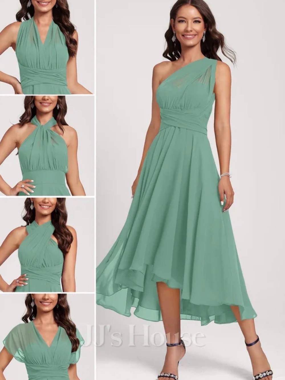 JJ's House Xylia
Sea Glass One Shoulder Scarf Chiffon Midi Dress